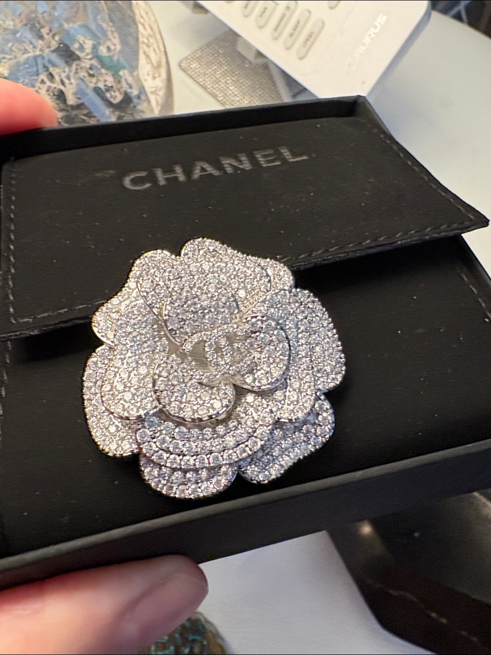 CHANEL Silver Crystal Camellia Brooch - Sparkling Silver